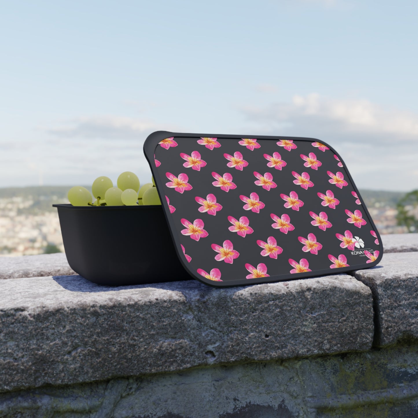 PLA Bento Box with Band and Utensils - Pink Plumeria