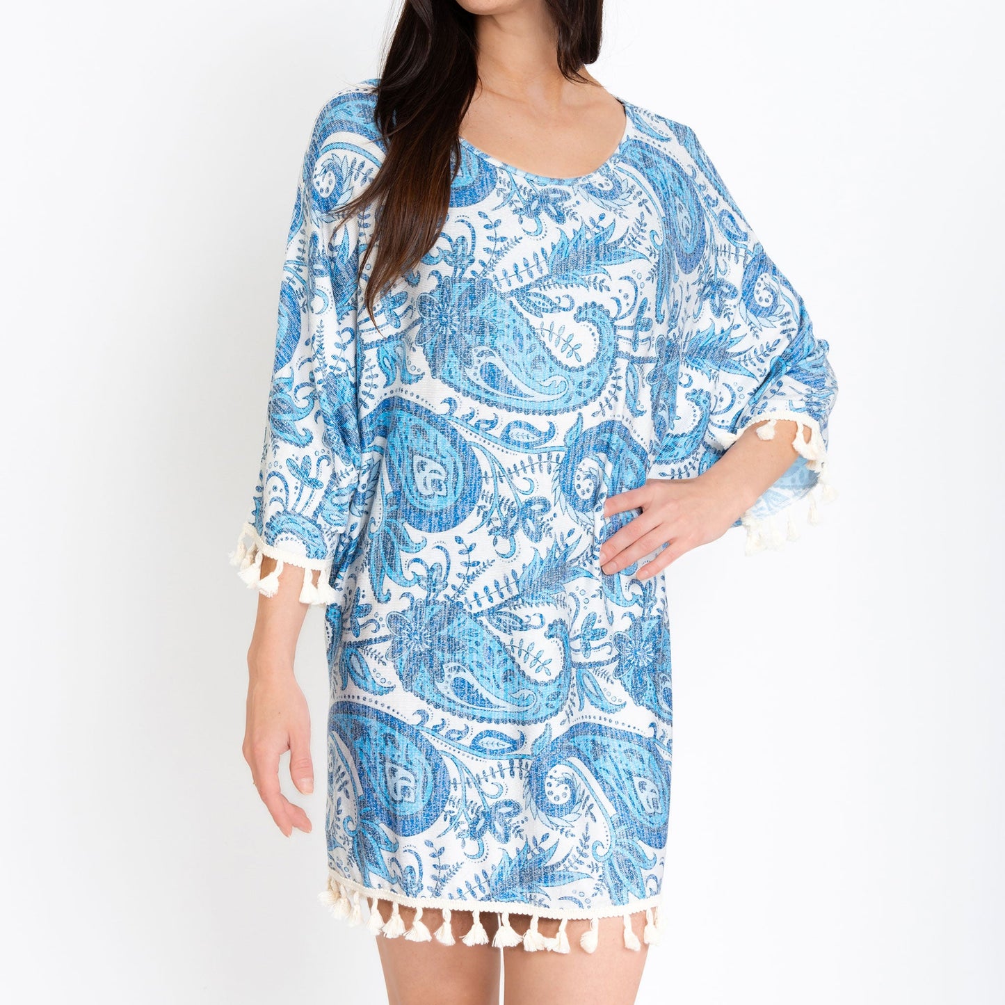 Elsie Blue Paisley Fringe One Size Beach Swimsuit Cover Up