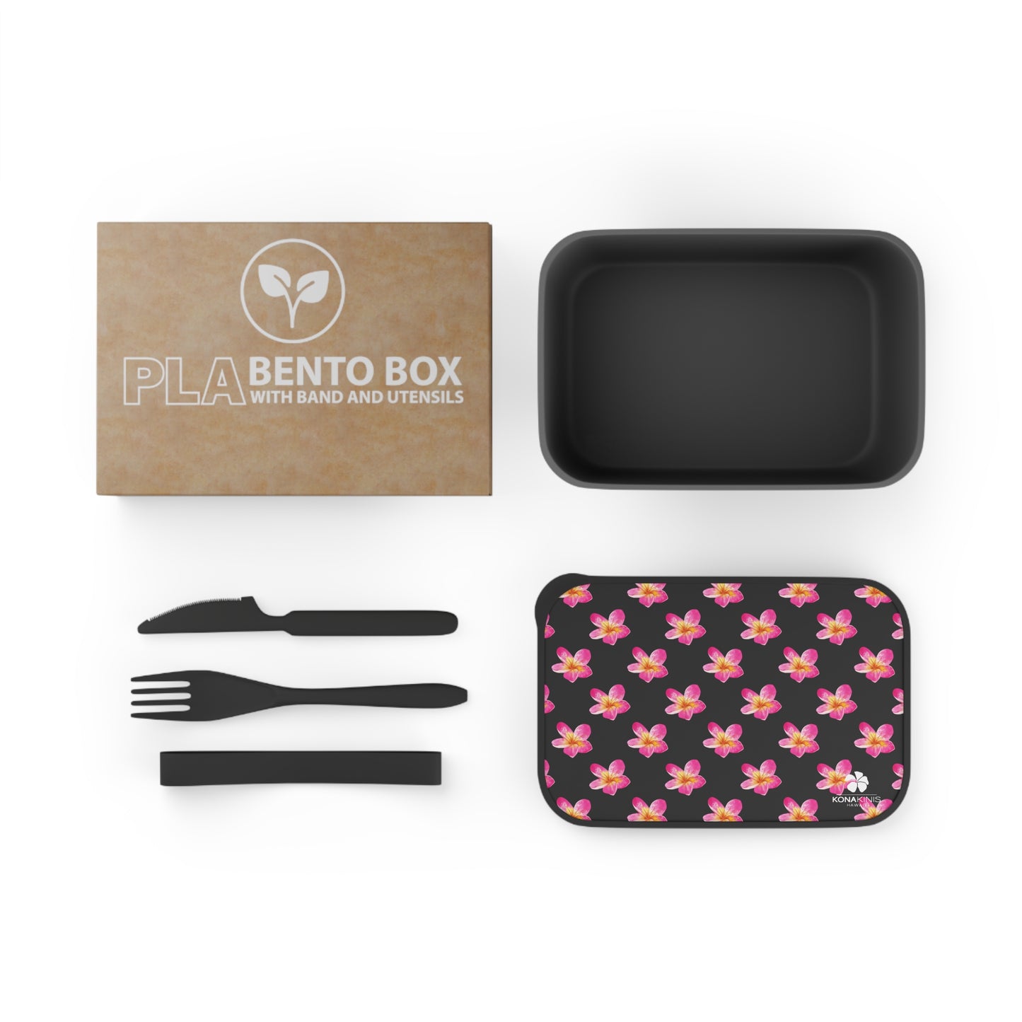 PLA Bento Box with Band and Utensils - Pink Plumeria