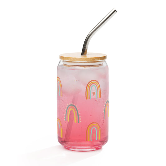 Glass with Bamboo lid & straw - Retro Rainbow
