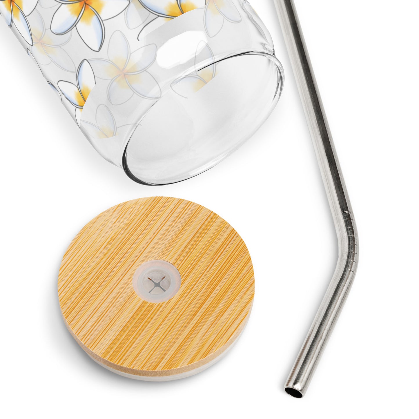 Glass with Bamboo lid & straw - White Plumeria