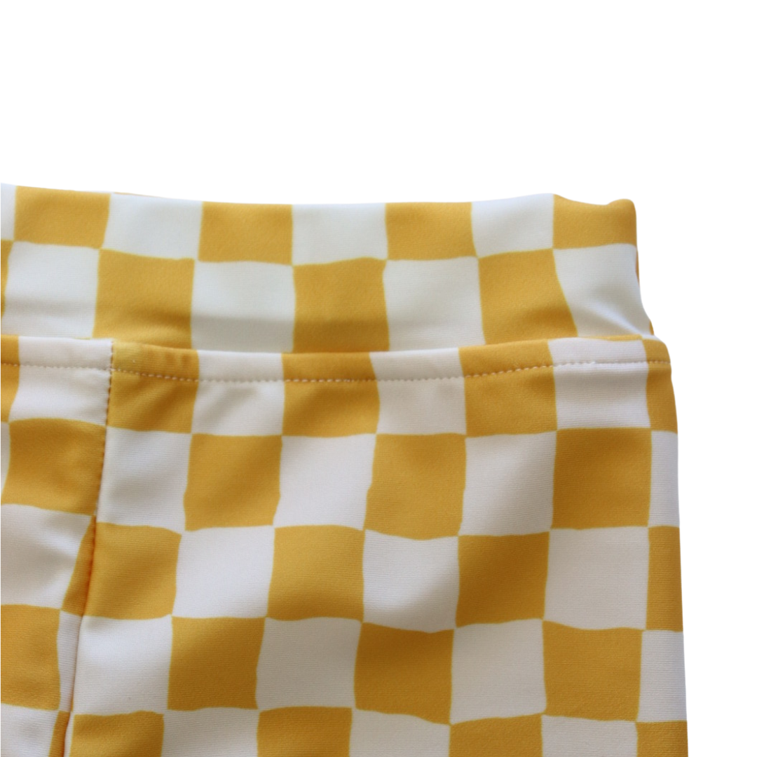 Kids Yellow Check Swim Trunks