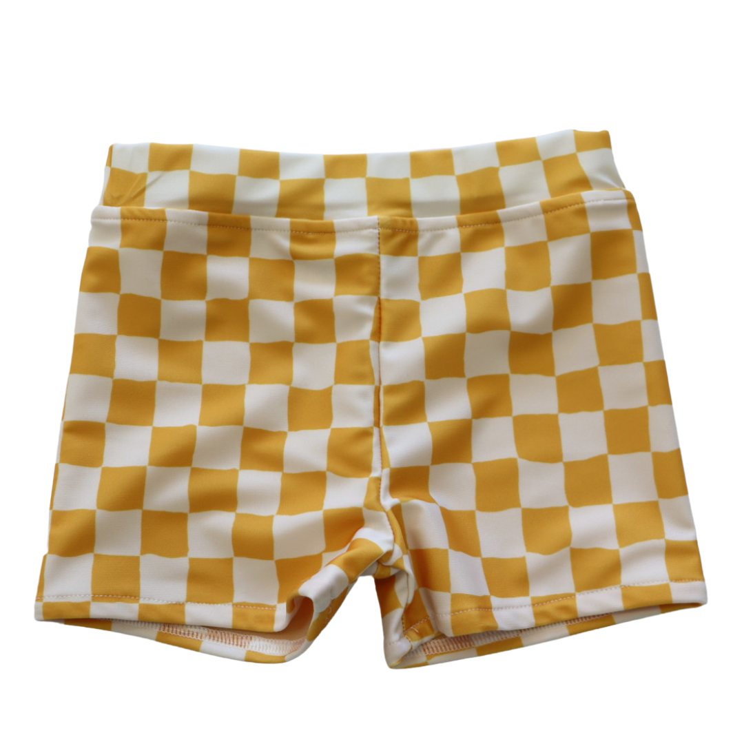 Kids Yellow Check Swim Trunks
