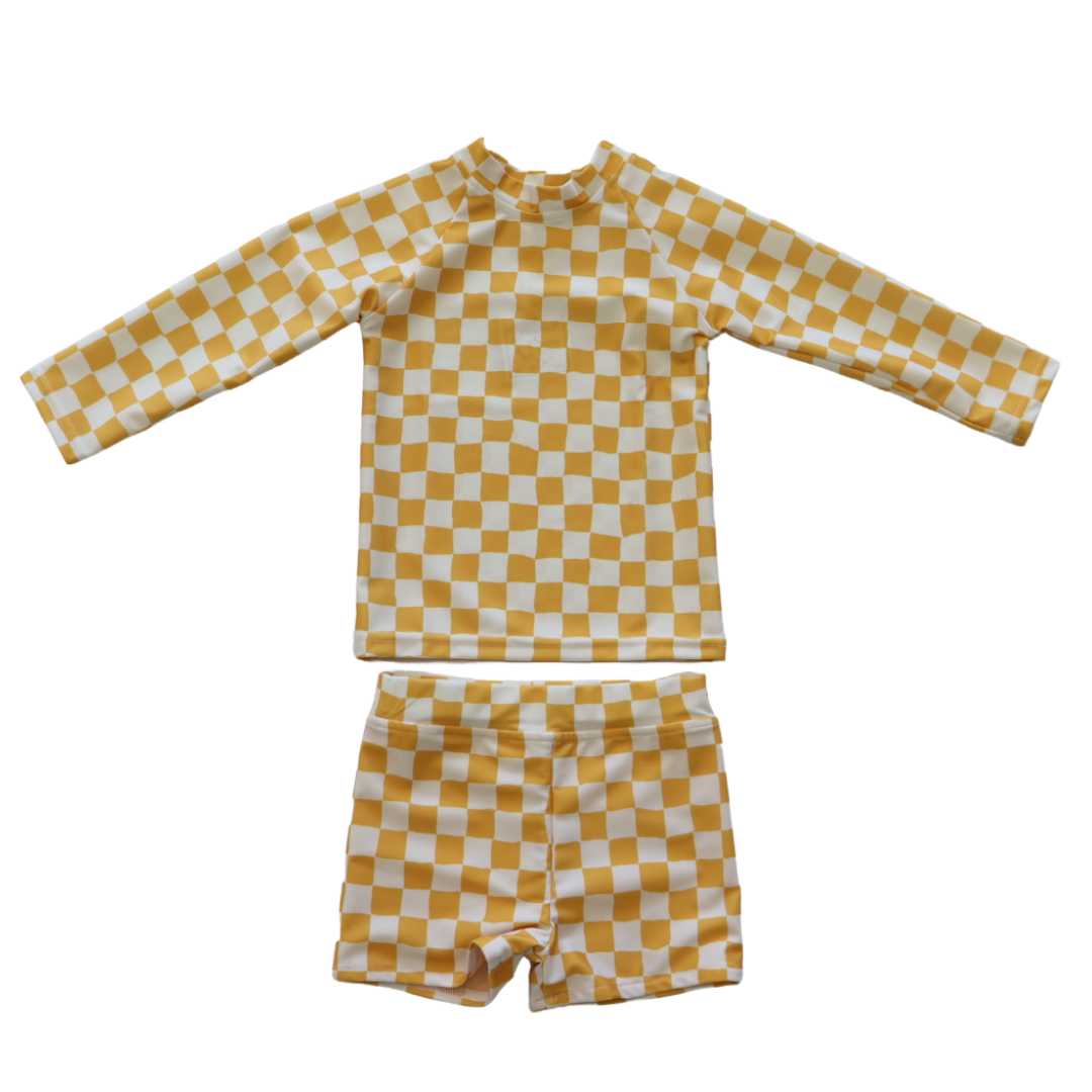 Kids Yellow Check Swim Trunks