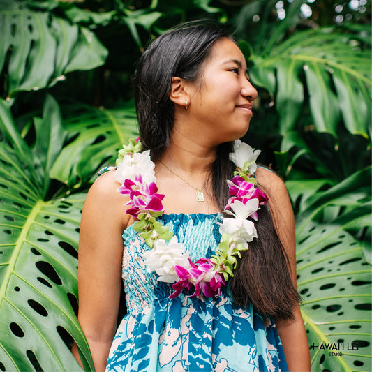 Deluxe Orchid Lei - Multi (Purple, Green & White)