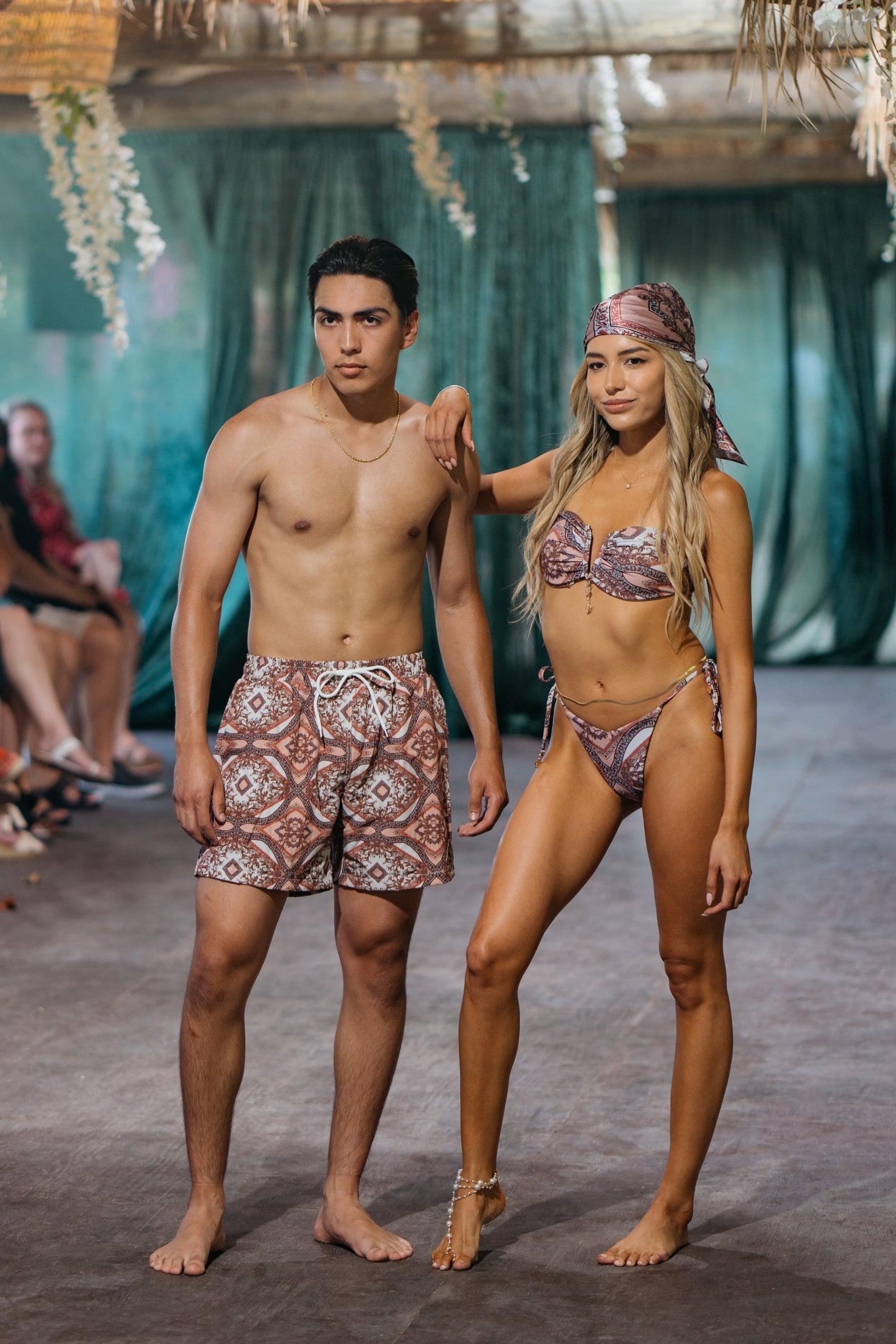 Coral in Tuscan Print Bottoms